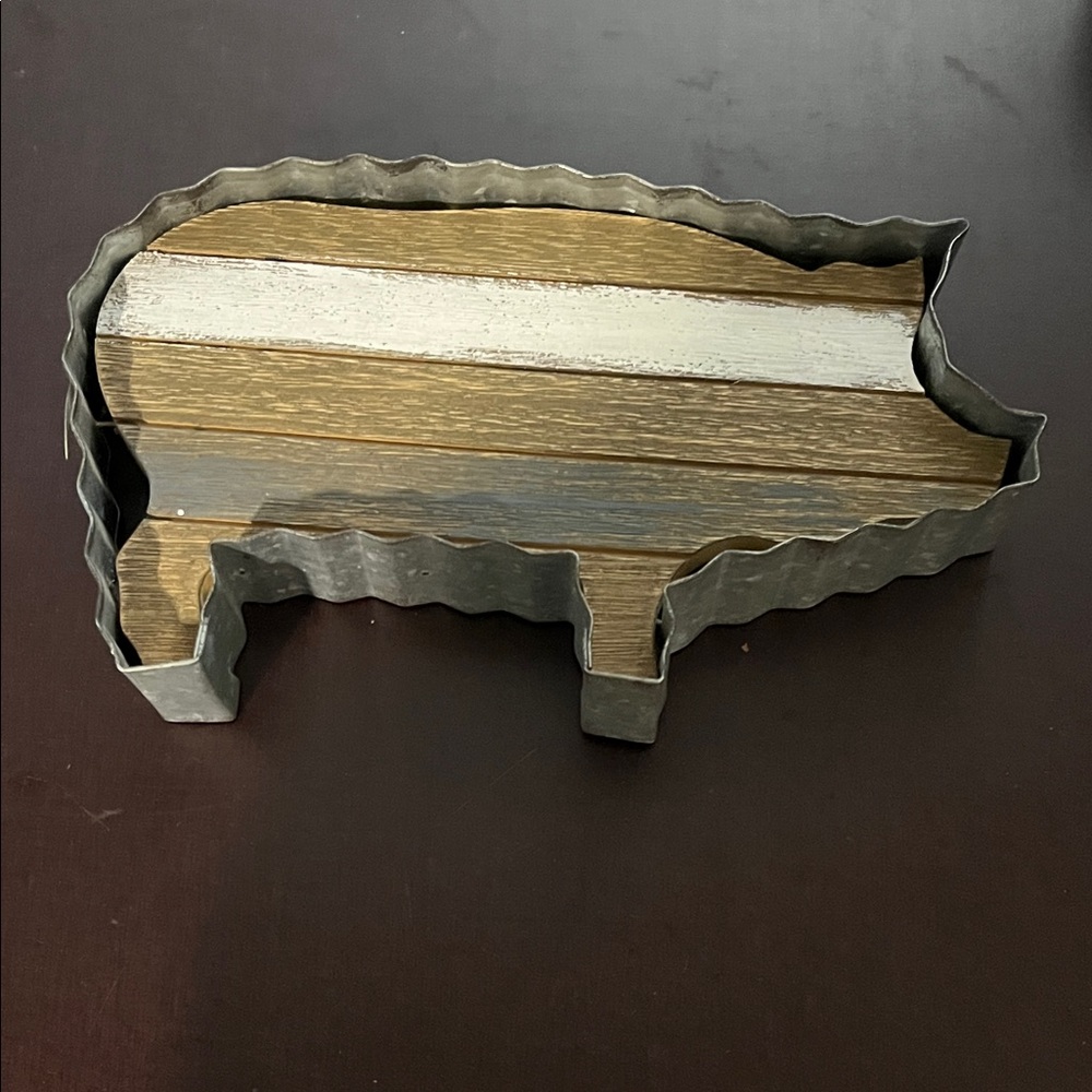 Rustic Pig-Shaped Metal and Wood Decor